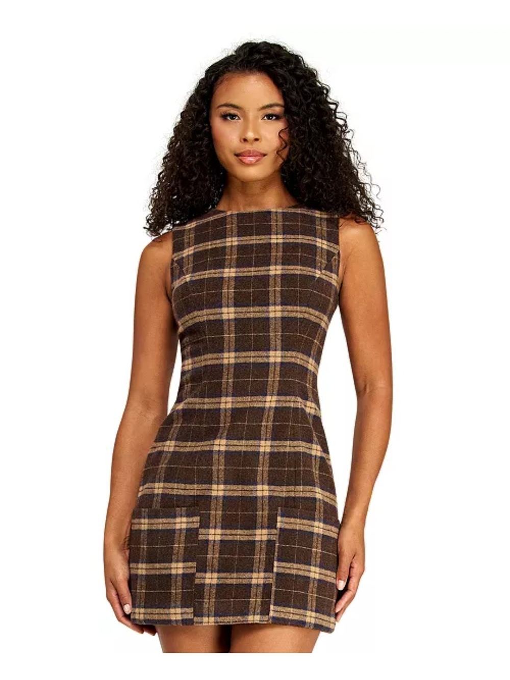 Brown Plaid Sleeveless Mini Dress